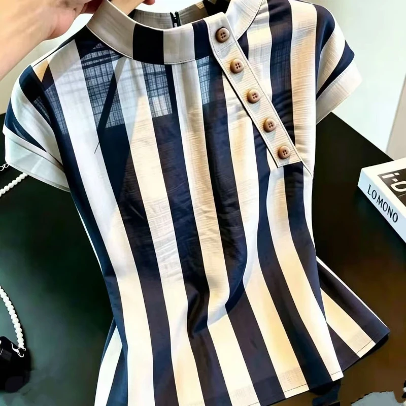 Short Sleeve Button Patchwork Contrast Striped Vintage Shirt Tops Summer All-match Elegant Blouse Office Fashion Women Clothing