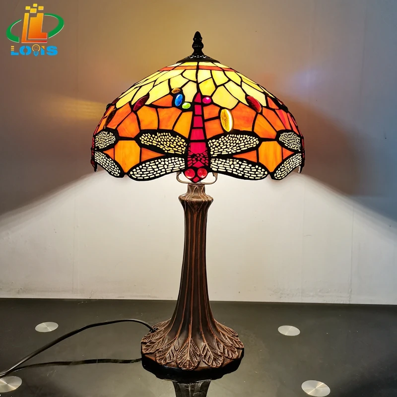 

30CM European Red Dragonfly Table Lamp Tiffany Style Living Room Study Bar Glass Reading Lighting Retro Fashion Gift LED