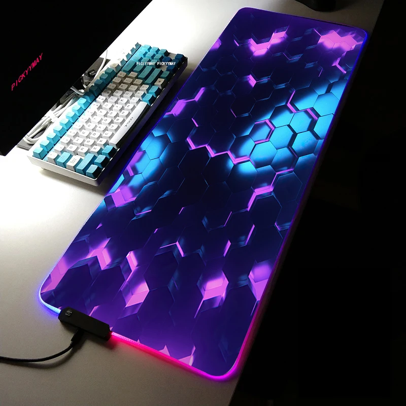 Alfombrilla de ratón RGB grande geométrica para Gaming, alfombrilla LED para escritorio, Alfombra de mesa de goma con retroiluminación