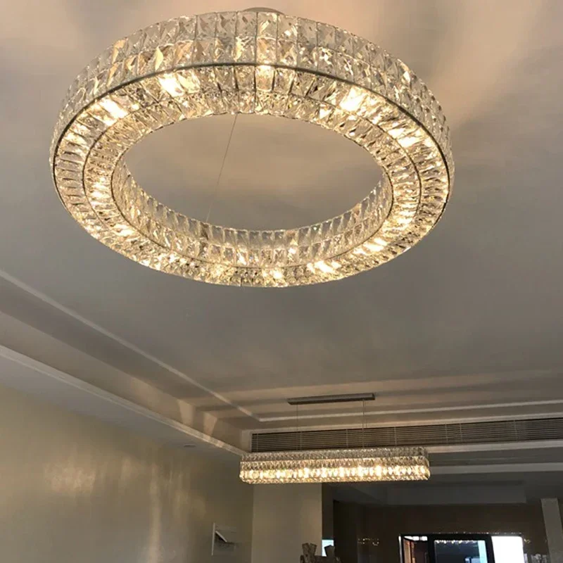 Modern Round Crystal Chandelier LED Golden Silver Color Changeable Hanging Light for Living Room Bedroom Indoor Decor Fixture