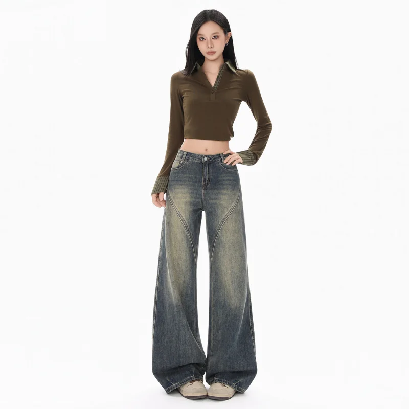 

High street loose-fit versatile wide-leg jeans for women2025New autumn high-waisted slim-fit drapey straight-leg pants
