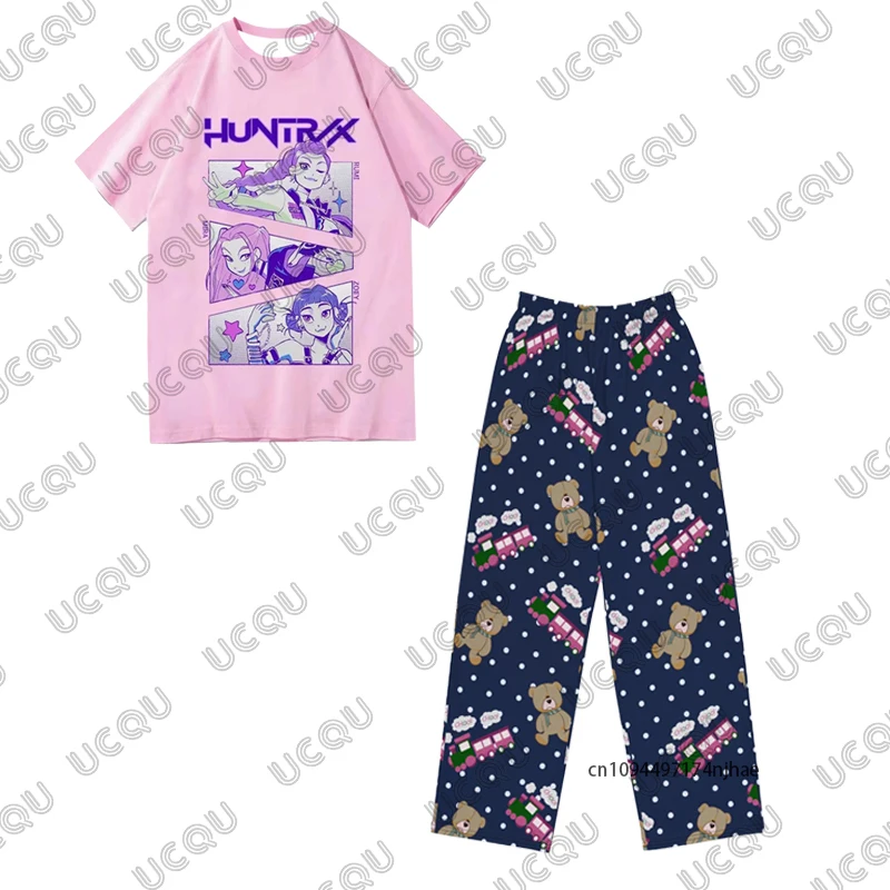 2025 New KPop Demon Hunters Huntrix Print Women's Tracksuit T Shirt+Pajamas Pants Set Casual Couples Suit 2 Piece Outfits