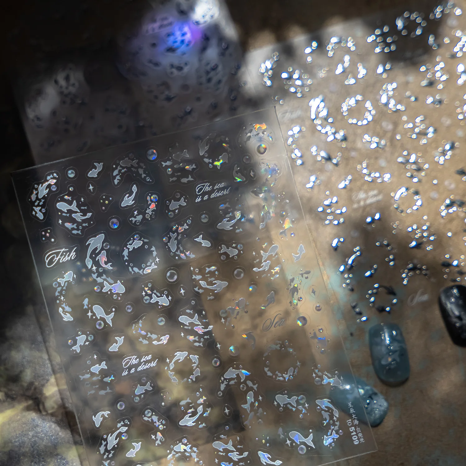 Laser Silber Sternen Meer Delfine Nail art Aufkleber 5D Metall Shell Licht Kleber Nagel Dekorationen Aufkleber DIY Maniküre Aufkleber