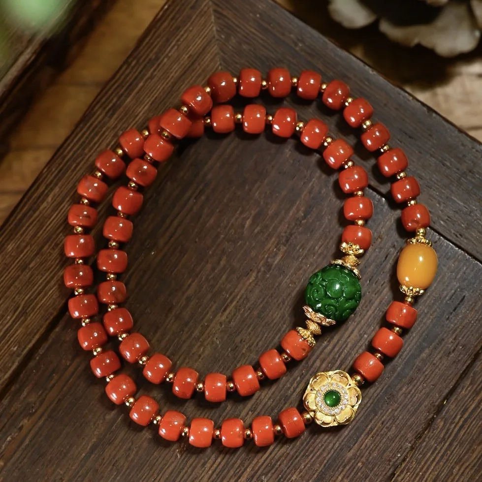 Natural Red Agate Double Loop Bracelet, A-Grade Dry Green Jade Carved Ball, Amber, S925 Gold Plated Lotus Chinese Bracelet