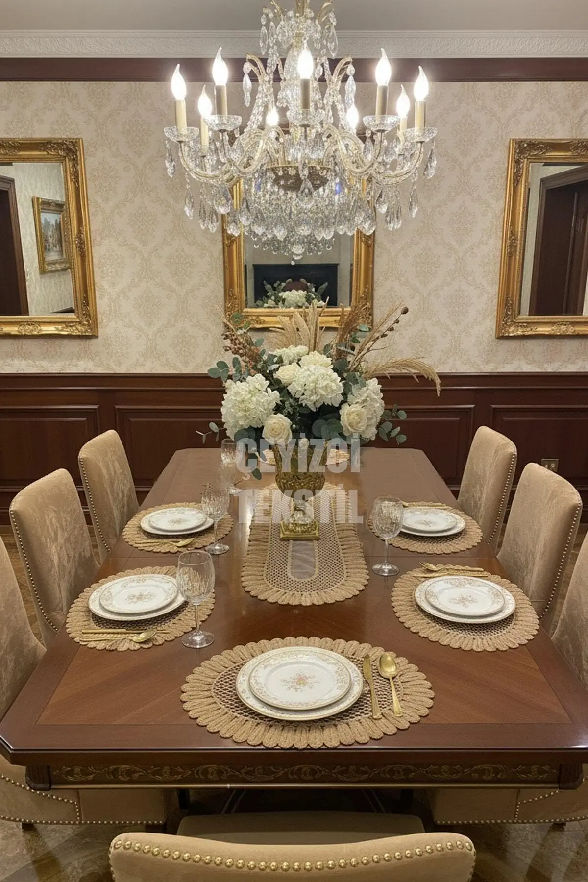 7-Piece Oval Placemat and Runner Set, Modern Design, 1 Runner 15.7 x 55.1 in, 6 Placemats, Cappuccino Color, 92% Cotton