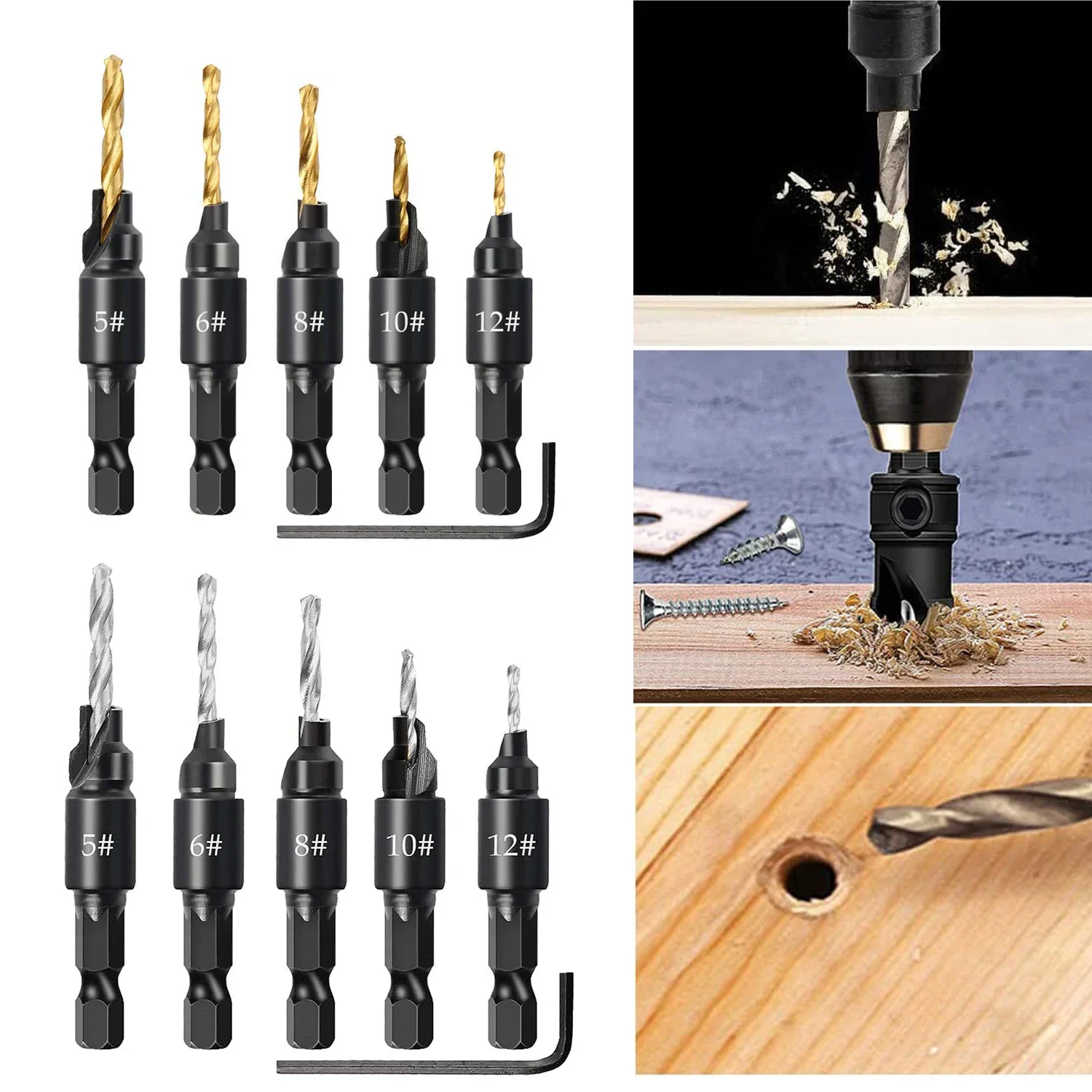 Wood Countersink Drill Bit Set Hex Shank Quick Change Counter Sinker Pre Hole Drill Bit Set Screw Counterbore Bit Pilot Bit Set