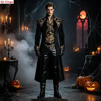 Steampunk-style Men's Black Long Jacket, Halloween-themed Red Trench Coat, with Gold Embroidery Accents.