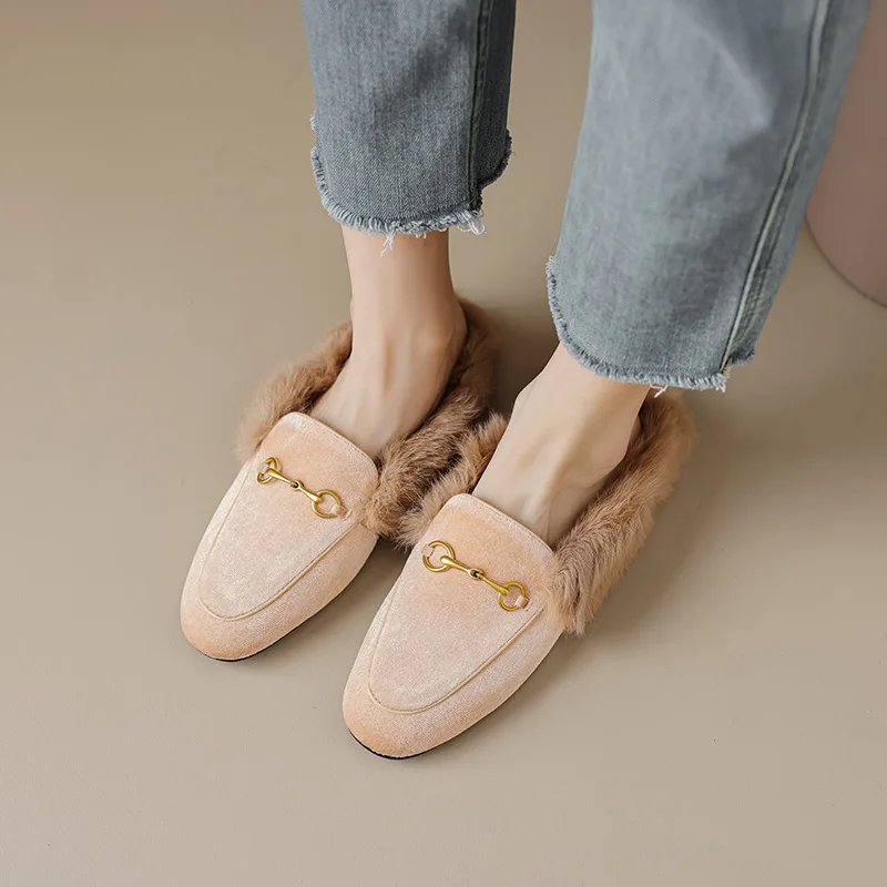 

2023 Winter New Lefu Shoes Plush Slippers for Women's Outwear Rabbit Hair Baotou Half Tuo Lazy Flat Shoes Warm Leather Shoes