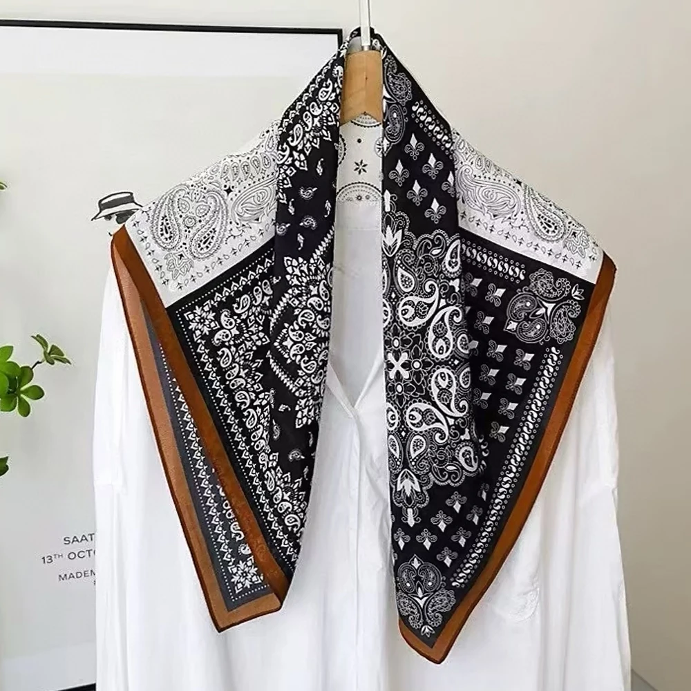 

Black Coffee Women's 100% Mulberry Silk Scarf Neckerchief Spring Fall Paisley Design Satin Square Silk Scarves Hairscarf 65*65cm