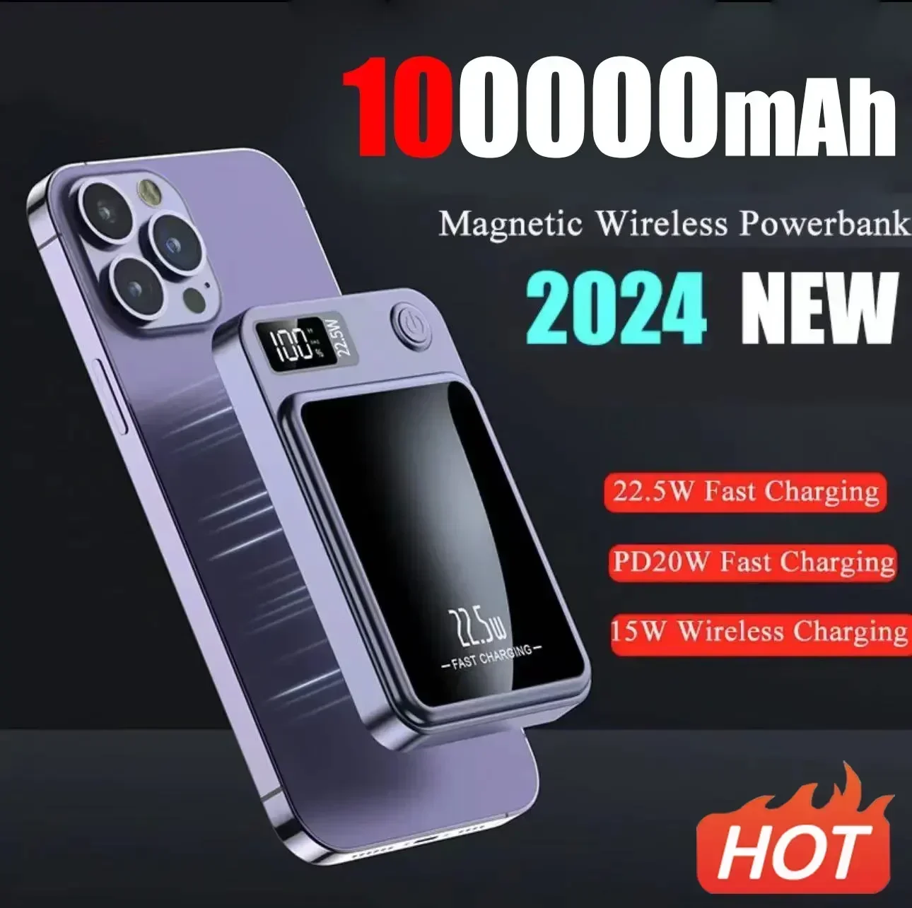 

100000mAh Magnetic Qi Wireless Charger Power Bank 22.5W Mini Powerbank For iPhone 11 12 13 14 15 Samsung Huawei Fast Charging