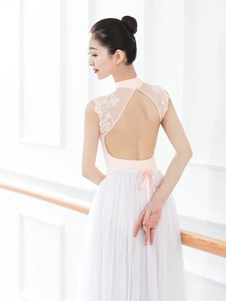 Ropa de práctica Sexy de una pieza para mujer, traje de baile de gimnasia de encaje, leotardo de Ballet de cuello alto para adultos