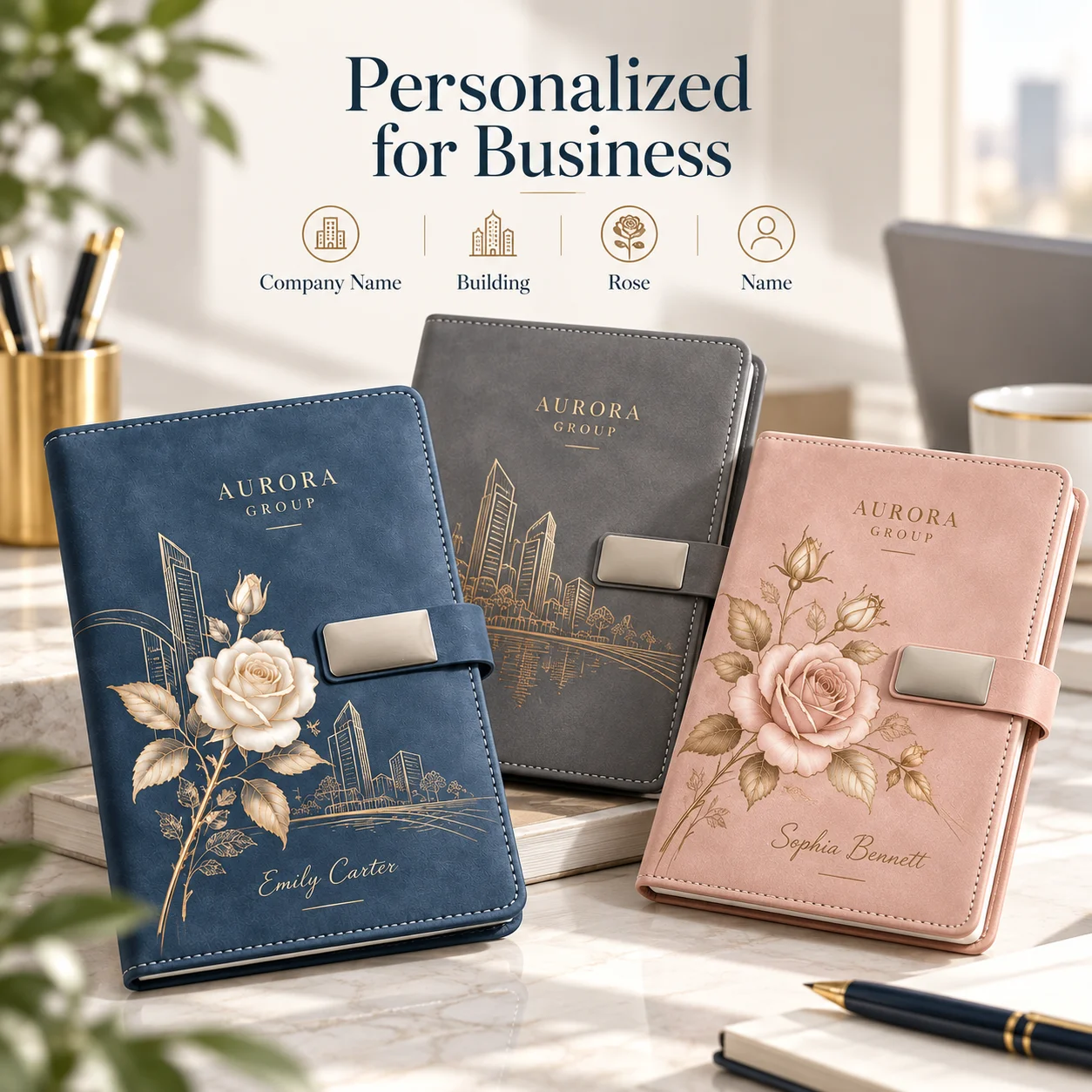 Customizable Leather Notebook Set Personalized Business Journal Gift Box with Pen, Magnetic Closure, Custom Logo Name for Office