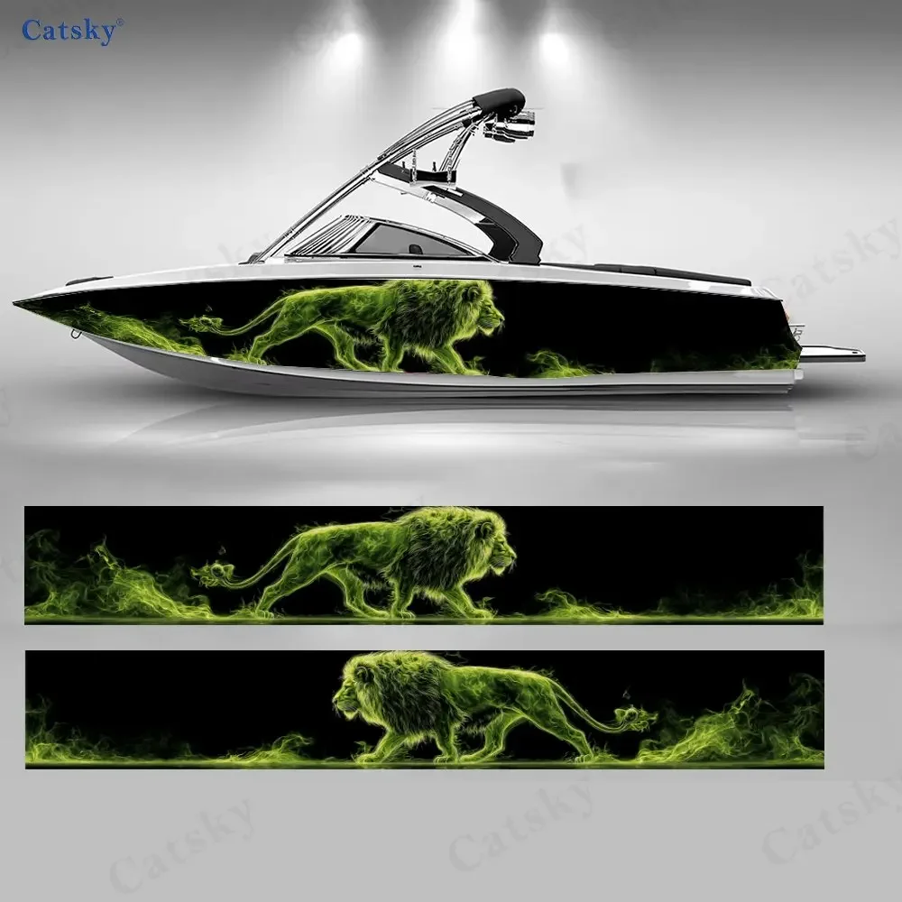 2Pcs Green Flame Lion Boat Stickers, PVC Waterproof Durable Vinyl Wrap Decals for Fishing Boats, Durable and Stylish Design