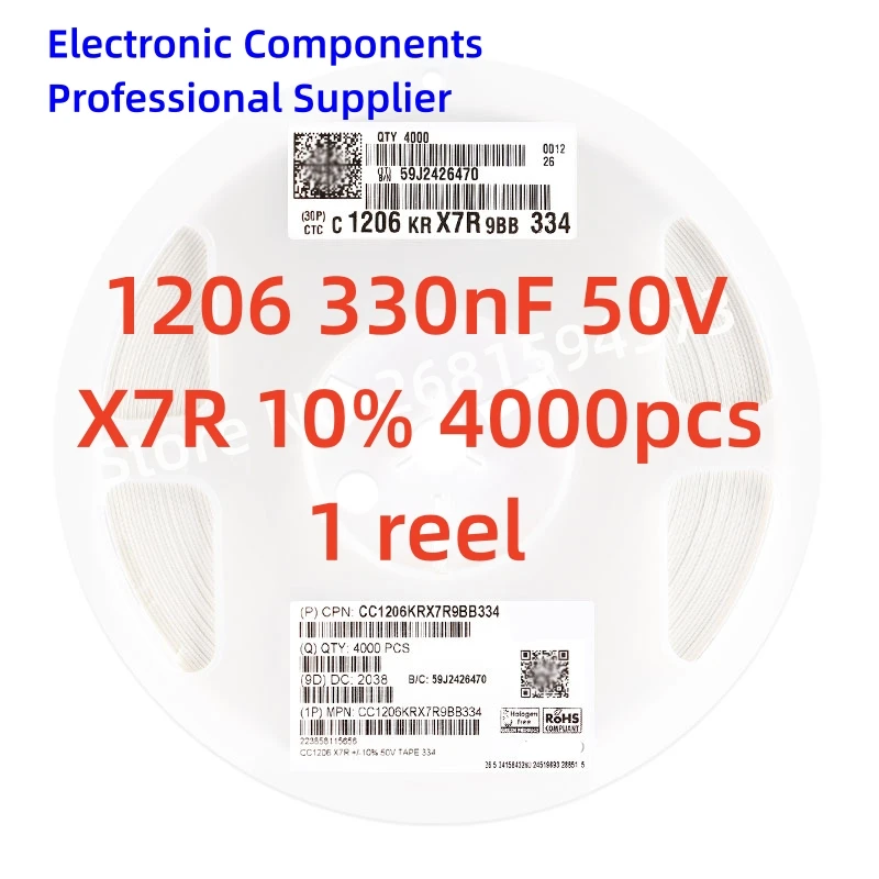 

4000pcs/reel SMD chip capacitor 1206 330nf 334K 50V 3216 3.2X1.6mm 10% X7R CC1206KRX7R9BB334 NEW High quality 1 reel