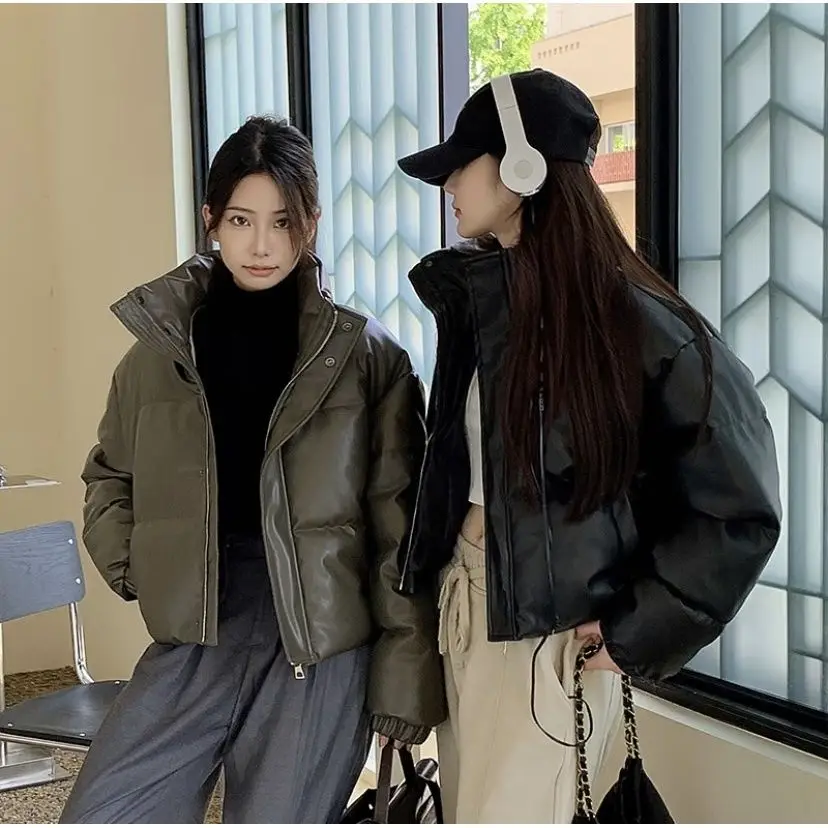 American Retro Free Wash Warm Solid Color Down Coats Women Hooded PU Coat Ins Winter Loose Casual Slim Cotton Coat Jackets