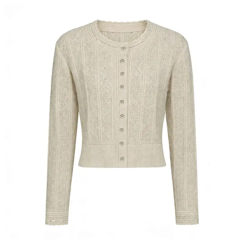 

High Quality 2026 Spring New Long Sleeve Rhinestone Knitted Lady Style Outerwear Cardigan Coat for Women round Neck Sho...