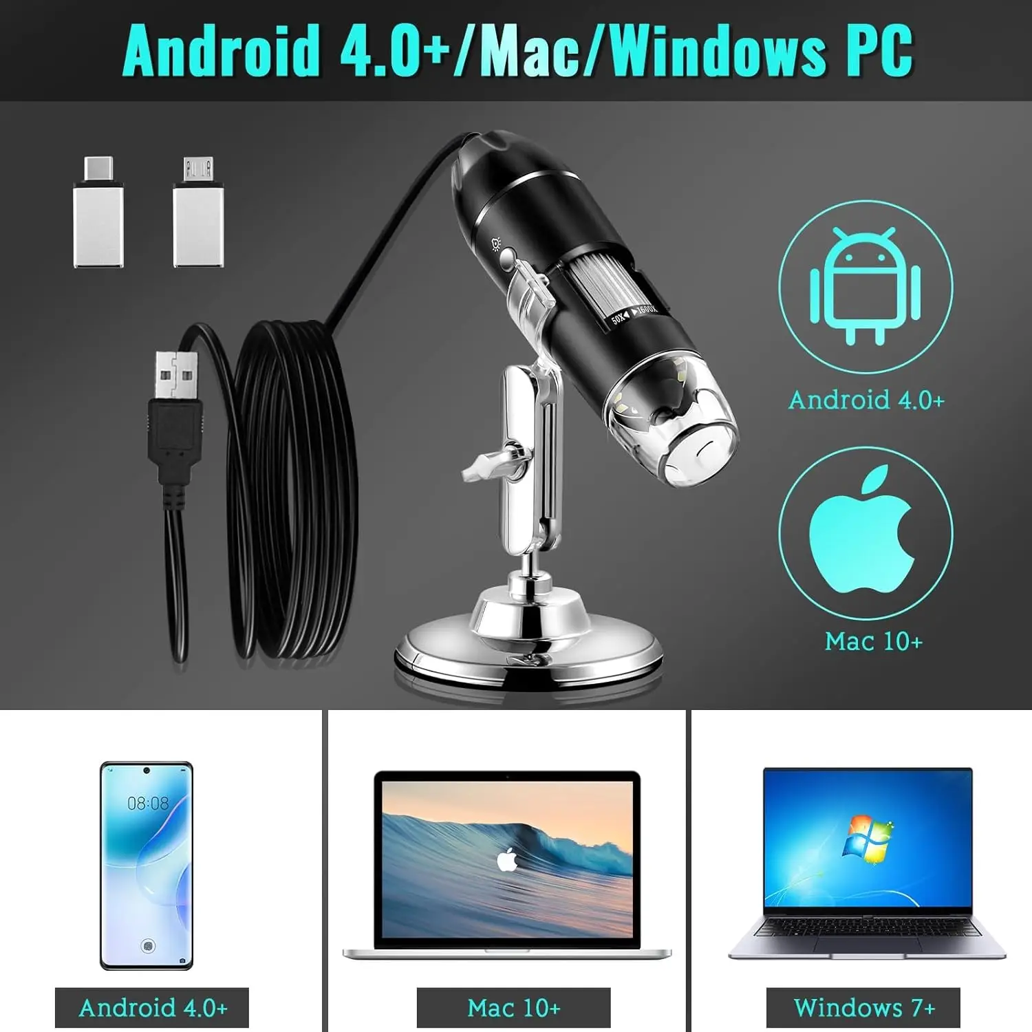 Hayve 1600X USB Microscope 1080P HD Soldering Microscope with 8LEDs Compatible with Android, Mac, Windows (X4)