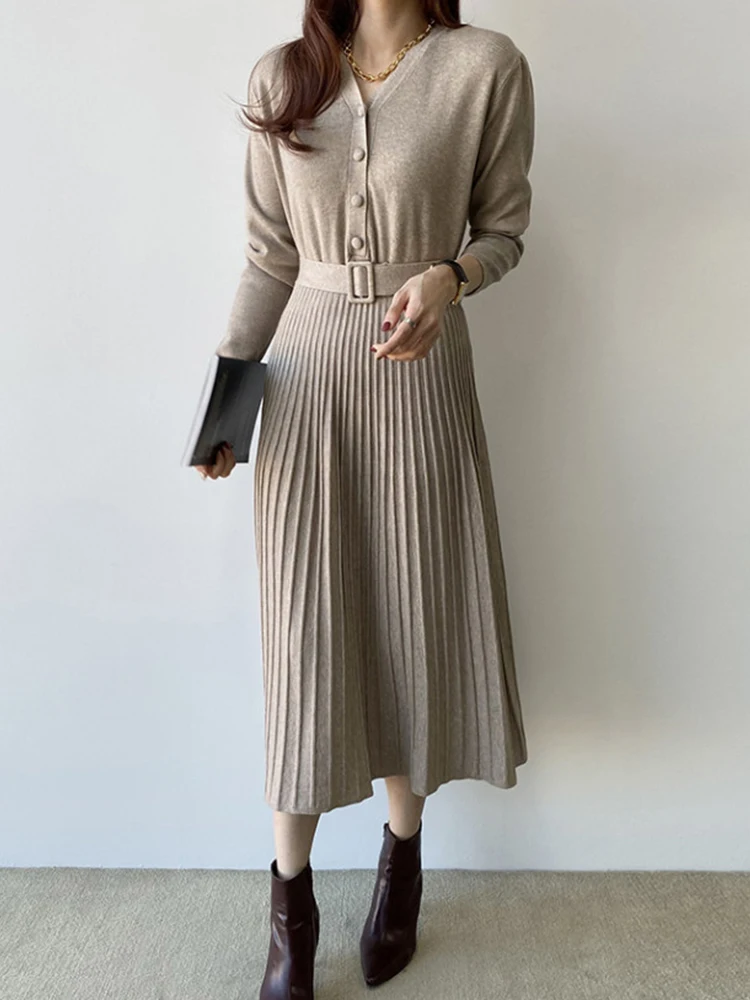 Ele Autumnal Vintage V-Ne ceinturé minceur longue Sve genou-dessus Midi plissé Dr femme Faion trajet Sle