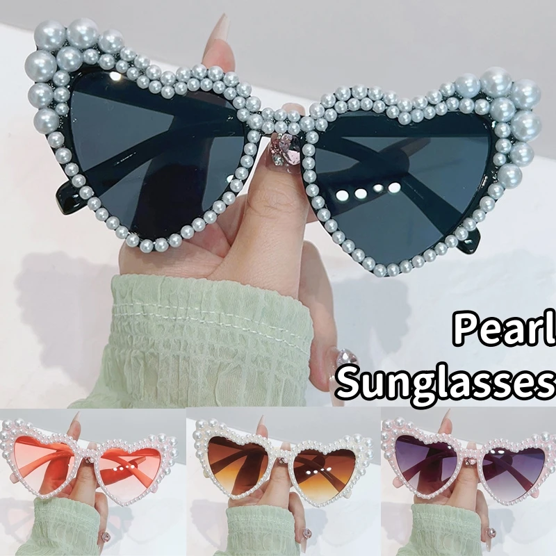 

2024 large frame heart studded pearl sunglasses Peach Heart Love Women's Sunglasses Outdoor Anti UV400 Sunscreen Sunglasses