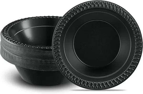 

100 PCS Black Plastic Bowls Light Weight 12 oz Plastic Soup Bowls Black Salad Plates Disposable for Party and Wedding