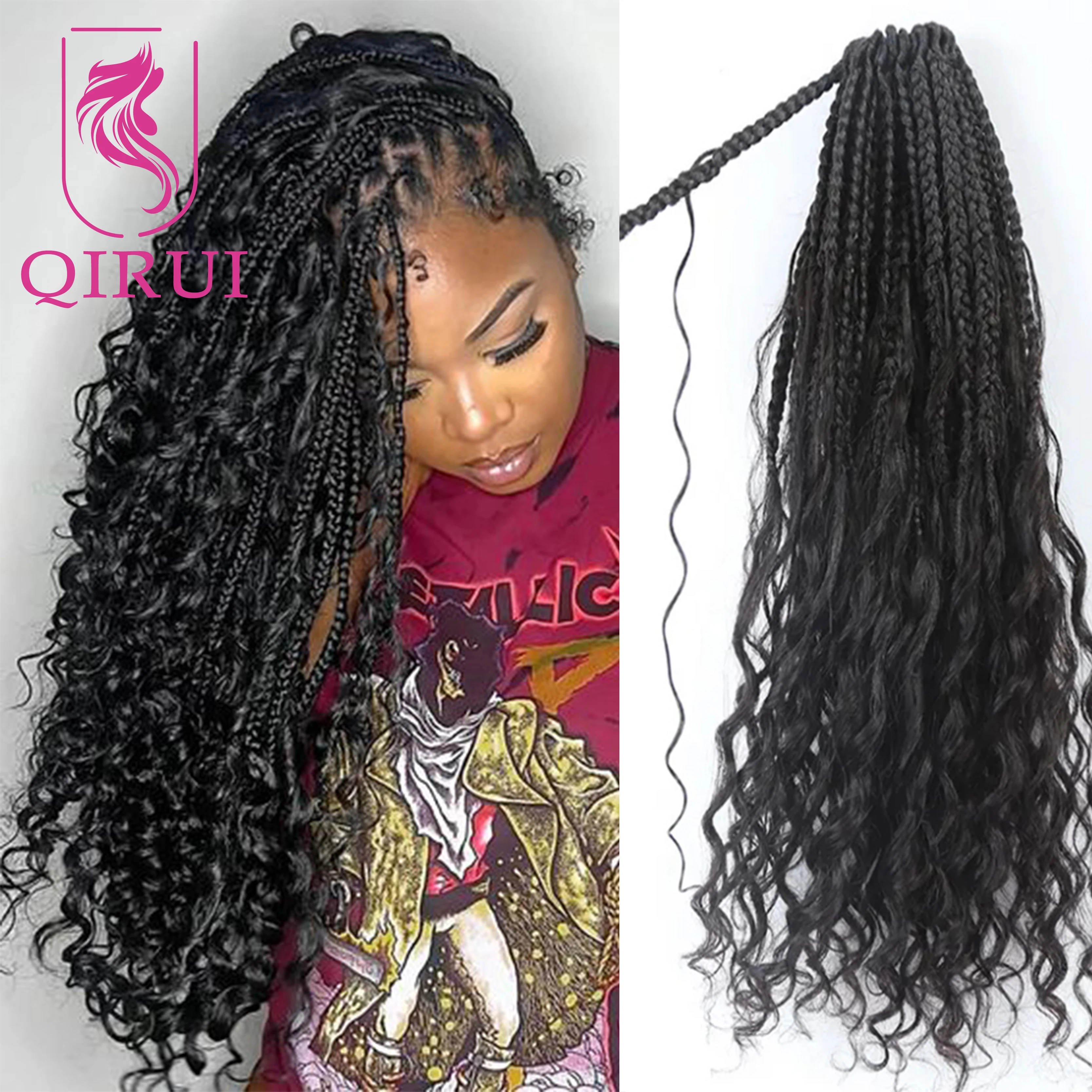 

Crochet Boho Box Braids With Human Hair Curls Synthetic Braiding Hair Pre-looped Box Braids with Curly Ends For Women