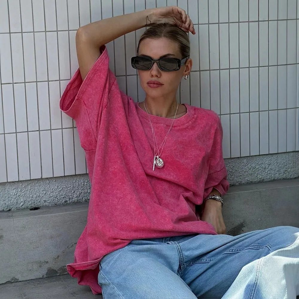Casual Short Sleeve Top Relaxed Fit Western Style with Wash Effect T Shirt Daily Washed Finish Pullover Summer Women T Shirts