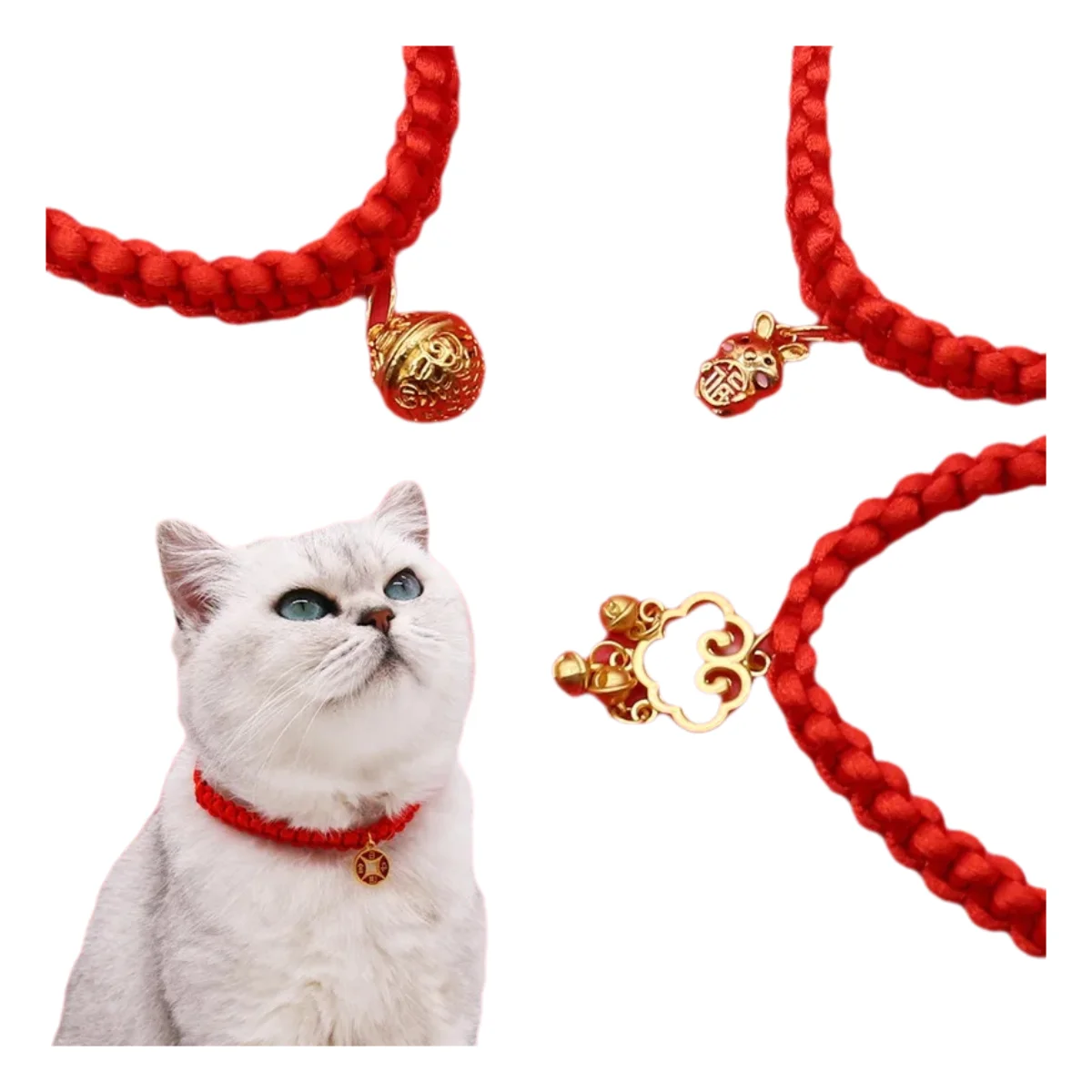 Pet Collar Cat Fashionable Pet New Year Adjustable Necklace Red Rope Chinese Traditional Lucky Bless Hand knitted cat scarf