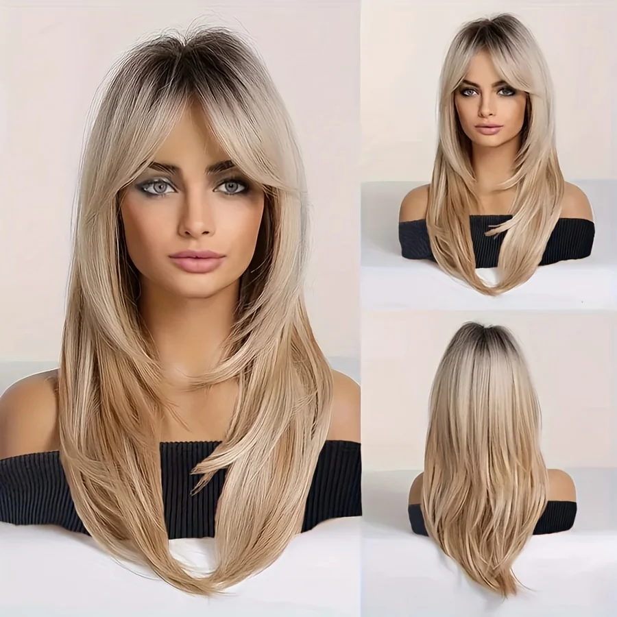 24inch Ombre Blonde Long Straight Wig with Bangs Synthetic Heat Resistant Hair for Daily Party Cosplay Wear Everyday Accessory