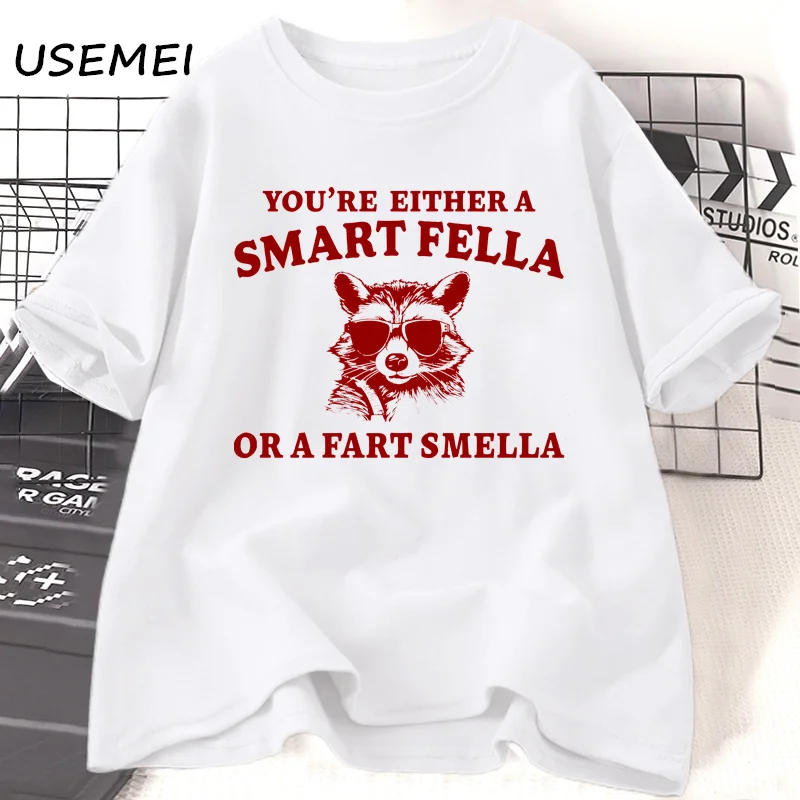 Are You A Smart Fella or Fart Smella T Shirts Retro Cartoon Trash Panda T Shirt Women Men Casual Cotton Short Sleeve T-shirt Tee