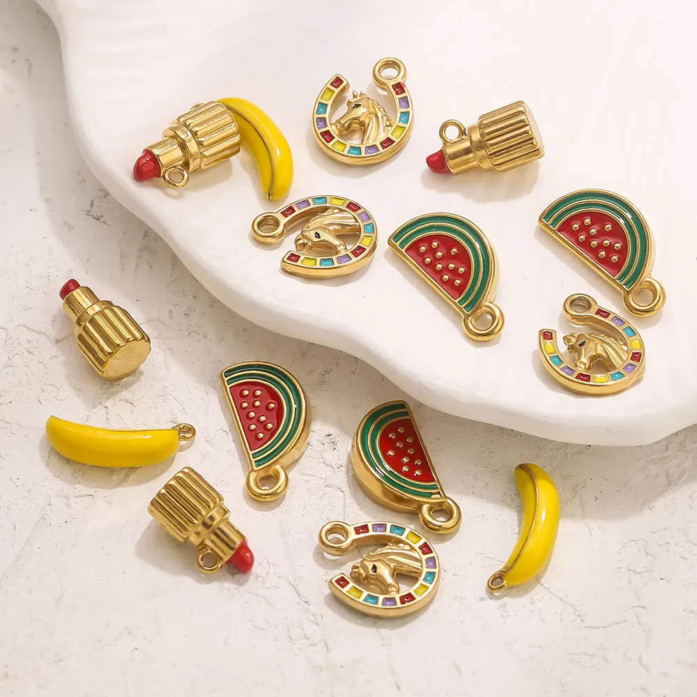 4pcs Stainless Steel Enamel Charm Fruit Banana Watermelon Shape DIY Necklace Bracelet Earrings Jewelry Making Material Wholesale image 6