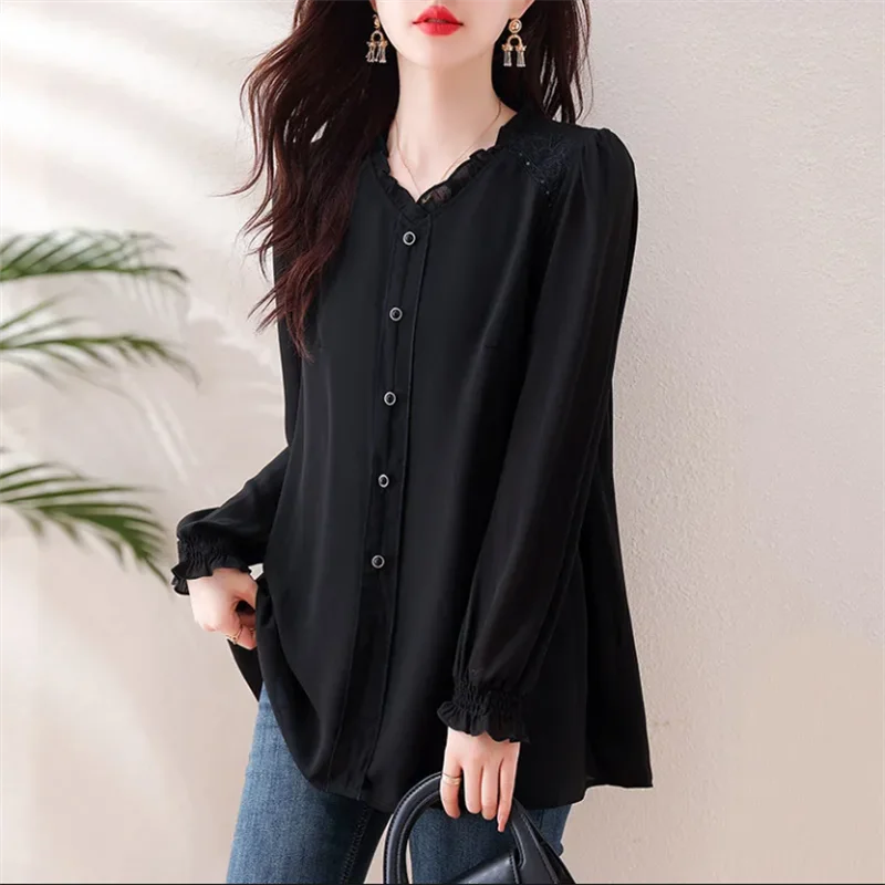 

Unique Blouses Women Shirt Black Top Loose Pullover Blous Mesh Splicing Blous Belly Covering Long Sleeved V-neck Casual Shirt