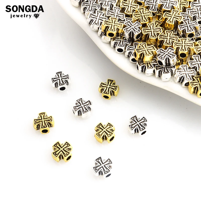 20pcs 9.3x9.3mm Vintage Gold Silver Color Cross Shape Beads for Bracelets Making Earrings Pendant Jewelry DIY Accessories Crafts