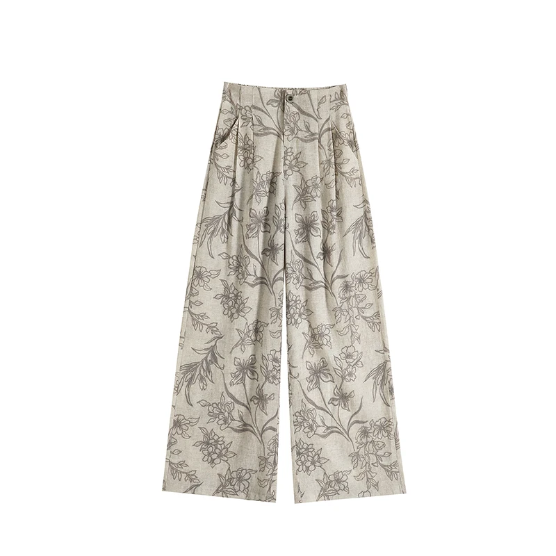 โซลวินเทจผ้าฝ้ายและผ้าลินินลายดอกไม้พิมพ์กางเกงขากว้างของผู้หญิง 2025 ใหม่เอวสูงปุ่มเดียวกางเกงหลวมๆสบายๆ