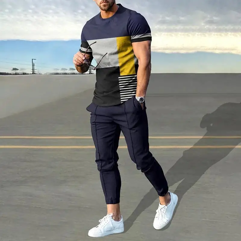 Fashion Color Block 3D Print Men Sportswear Set Casual Short-Sleeved T Shirt Pants 2-Piece Set Oversized Pullover Men Clothing