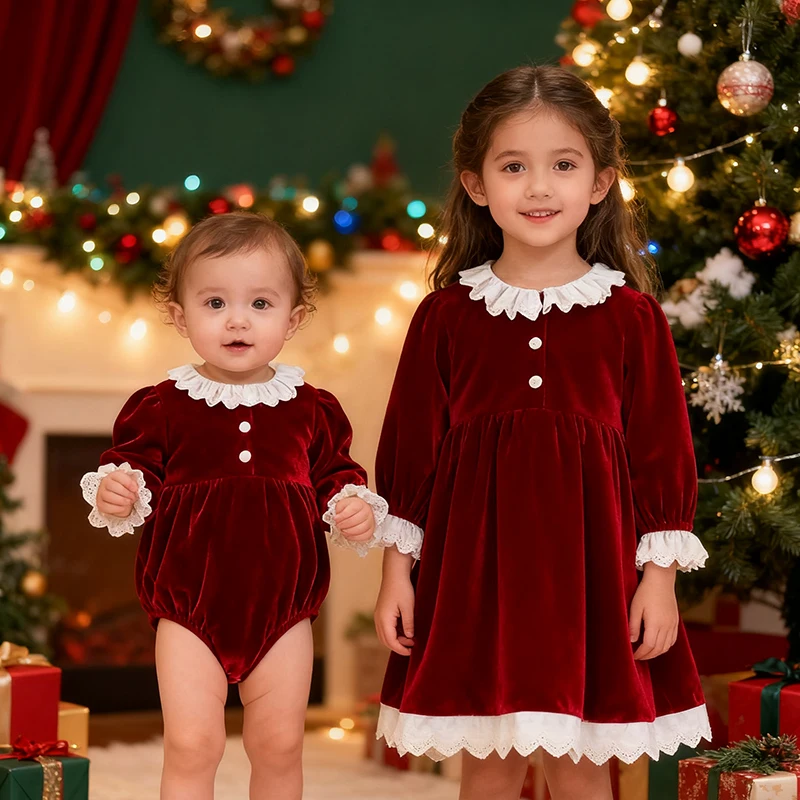 2025 New Year Clothing Sister Dress Lace Splice Romper 2-6Yrs Girl Party Dress Kids Princess Dresses Christmas Children Clothes