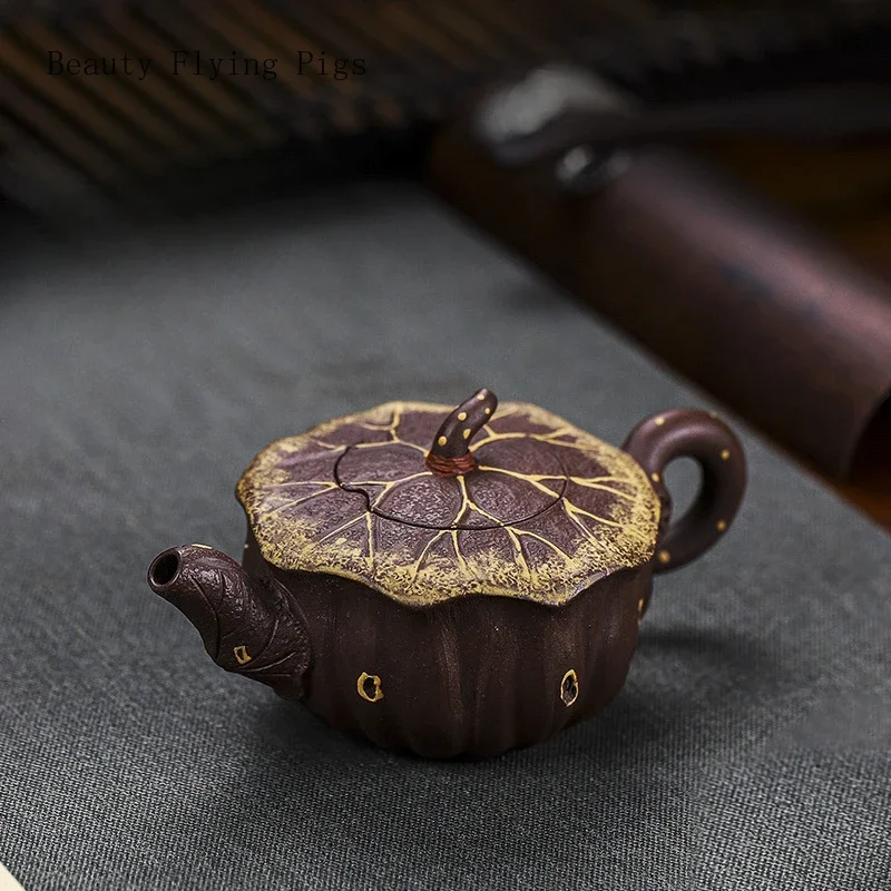 11.5x5.5cm Light Luxury Retro Small Handmade Purple Clay Pot Purple Clay Lotus Rhyme Tea Path Soaking Tea Pot 80cc