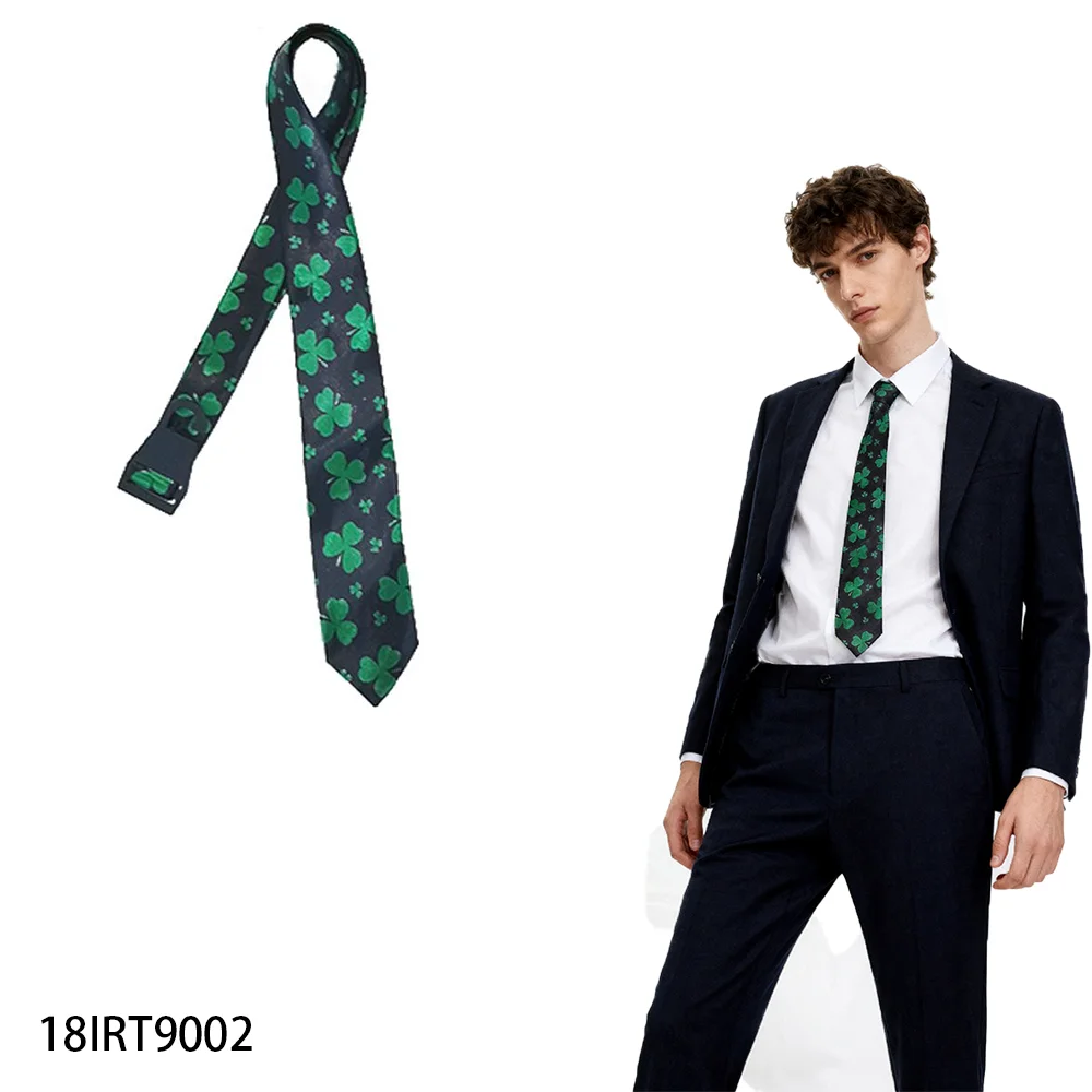 Lucky St. Patrick’s Day Costume Accessory: Shamrock-Print Necktie – Festive Green & Black Irish Celebration Outfit Accent
