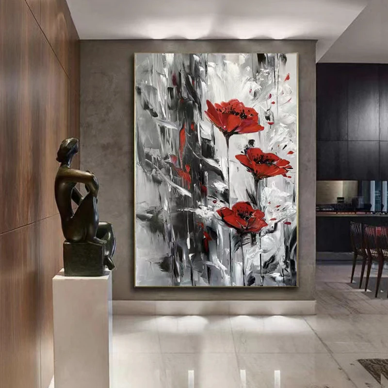 

OQ 100% Hand Painted Oil Painting On Canvas Modern Abstract Red Flower Wall Art Living Room Picture Home Decoration Unframed