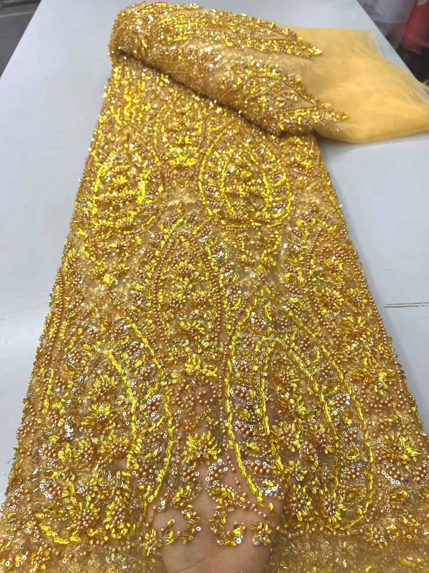 

Luxury African Sequins Groom Lace Fabric 2026 High Quality French Nigerian Beaded Lace Fabric For Wedding Dress 5 Yards