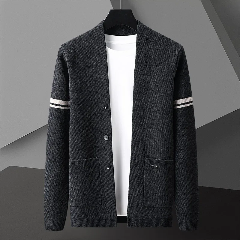 High end brand color striped knitted cardigan men's sweater spring autumn new Korean fashion pocket design casual shawl coat