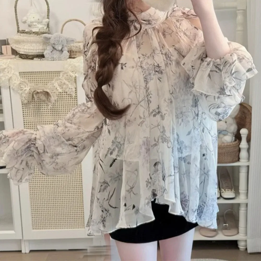 

Элегантные блузки с расклешенными рукавами и оборками, французская шифоновая рубашка с открытыми плечами, японский нерегулярный милый изысканный топ