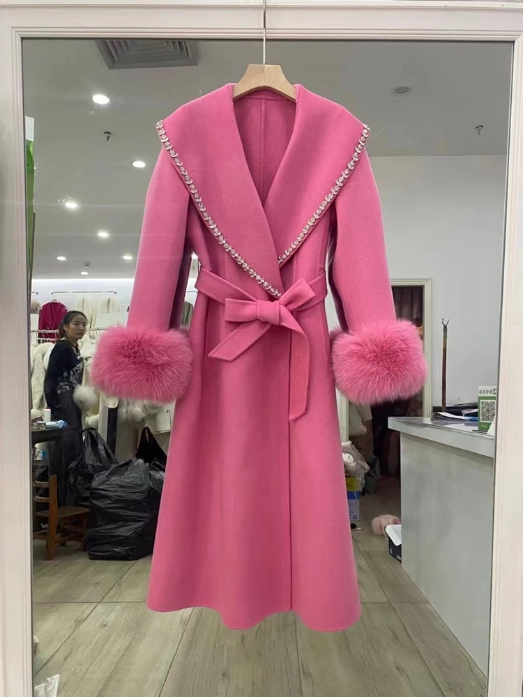 2023 New Arrival Cashmere Women Winter Long Coat With Real Fox Fur Cuffs Fashion Model High Quality Jacket