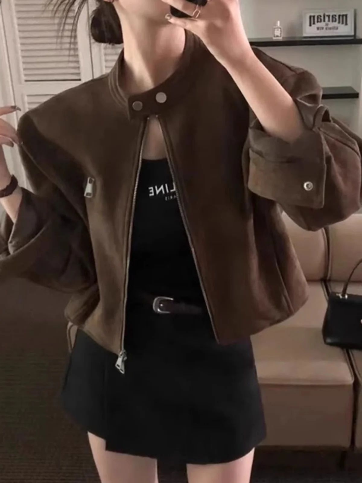 「MD」Chic Vintage Short Motorcycle Jacket Women's Loose Fit Stand Collar Zipper Pocket Casual Outerwear Spring 2025 Straight Tube