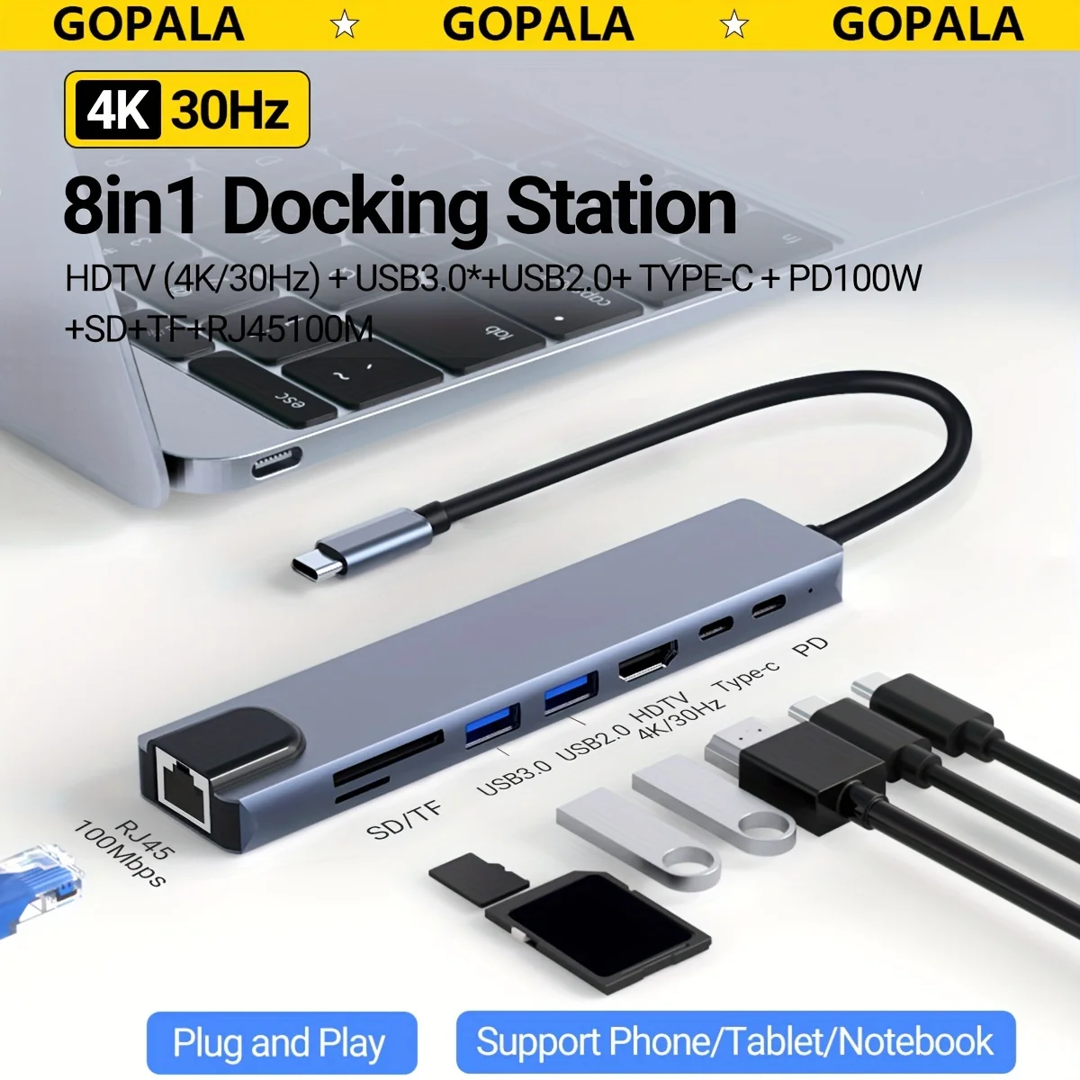 

8in1 USB C HUB Type C Splitter 4K Thunderbolt 3 Docking Station Laptop Adapter For Macbook Air M1 iPad Pro RJ45 HDMI Computer