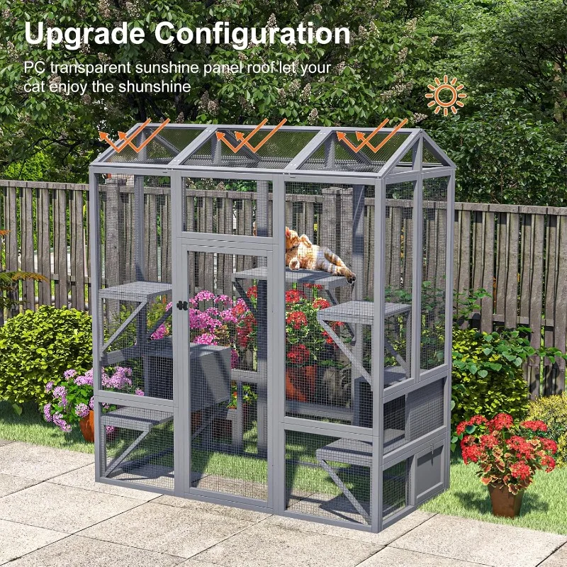 حاوية قطط خارجية، منزل قطط كبير للقطط المتعددة يمشي في قفص القطط مع غطاء مقاوم للماء وسقف لوحة أشعة الشمس، حرمية