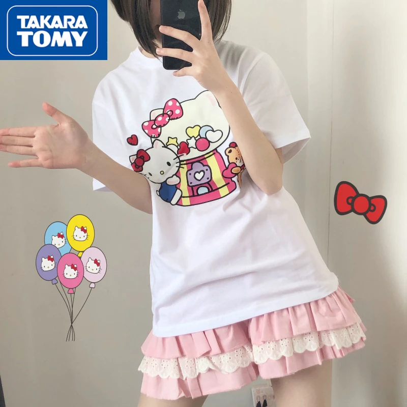 

TAKARA TOMY Girls Summer Hello Kitty Loose Round Neck Cotton Cartoon Printing Short-sleeved Top Student Simple Casual T-shirt