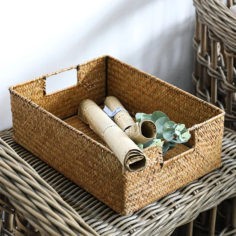 LuanQI-Wicker Picnic Basket, Seagrass Woven Storage Basket, Handmade Organizer Box with Handle, Home Decor