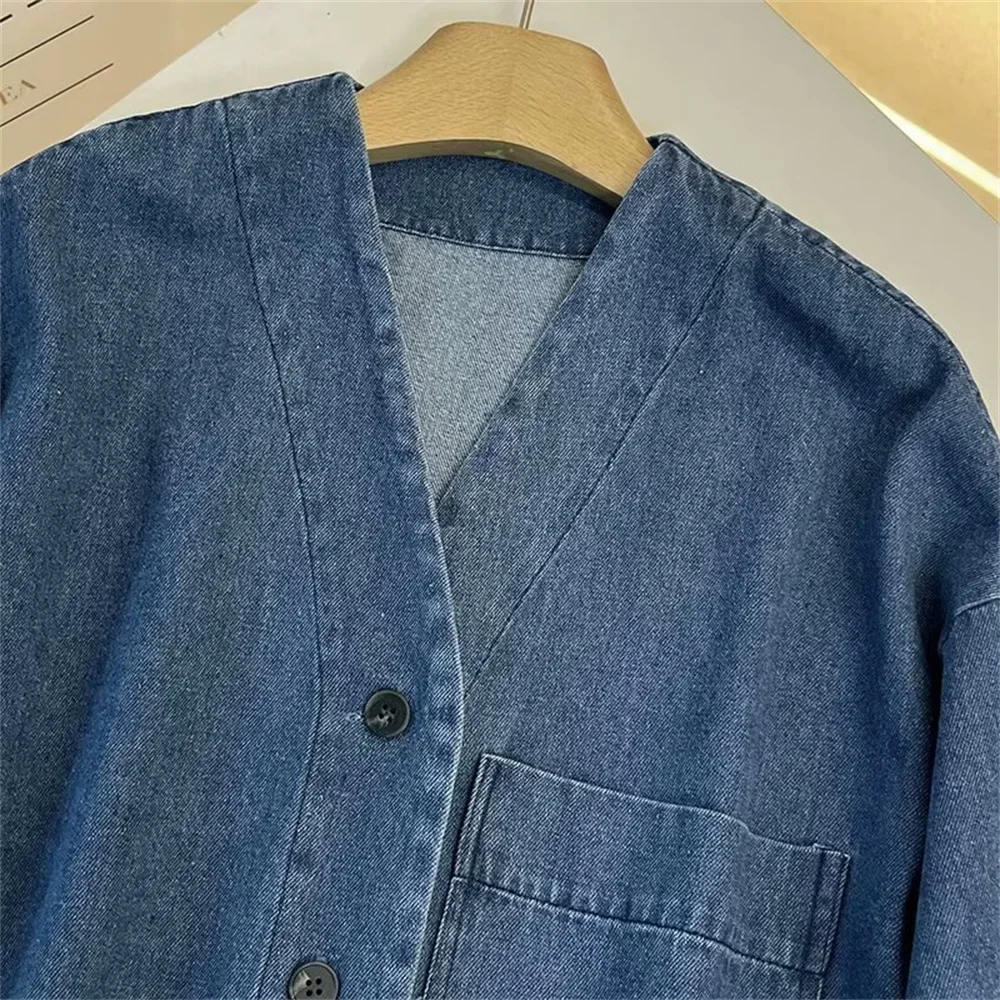 UNIZERA 2024 Autumn New Product Casual Women\'s Fashion Versatile V-neck Shoulder Sleeves Denim Shirt Top