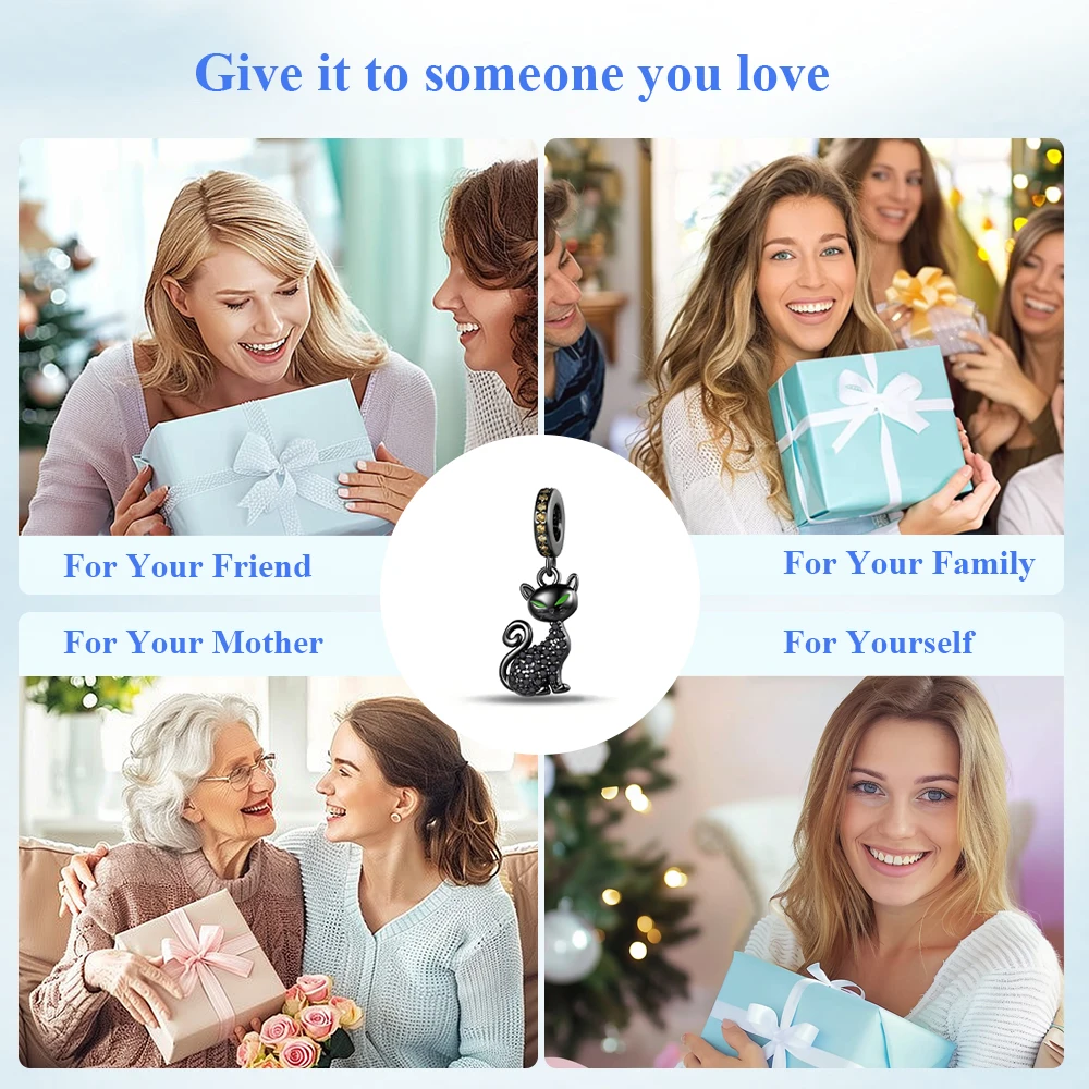 Ahthen 925 Sterling Silver Beads Mischievous Black Cat Dangle Charm fit Snake Chain Bracelets Necklaces for Women Jewelry Making