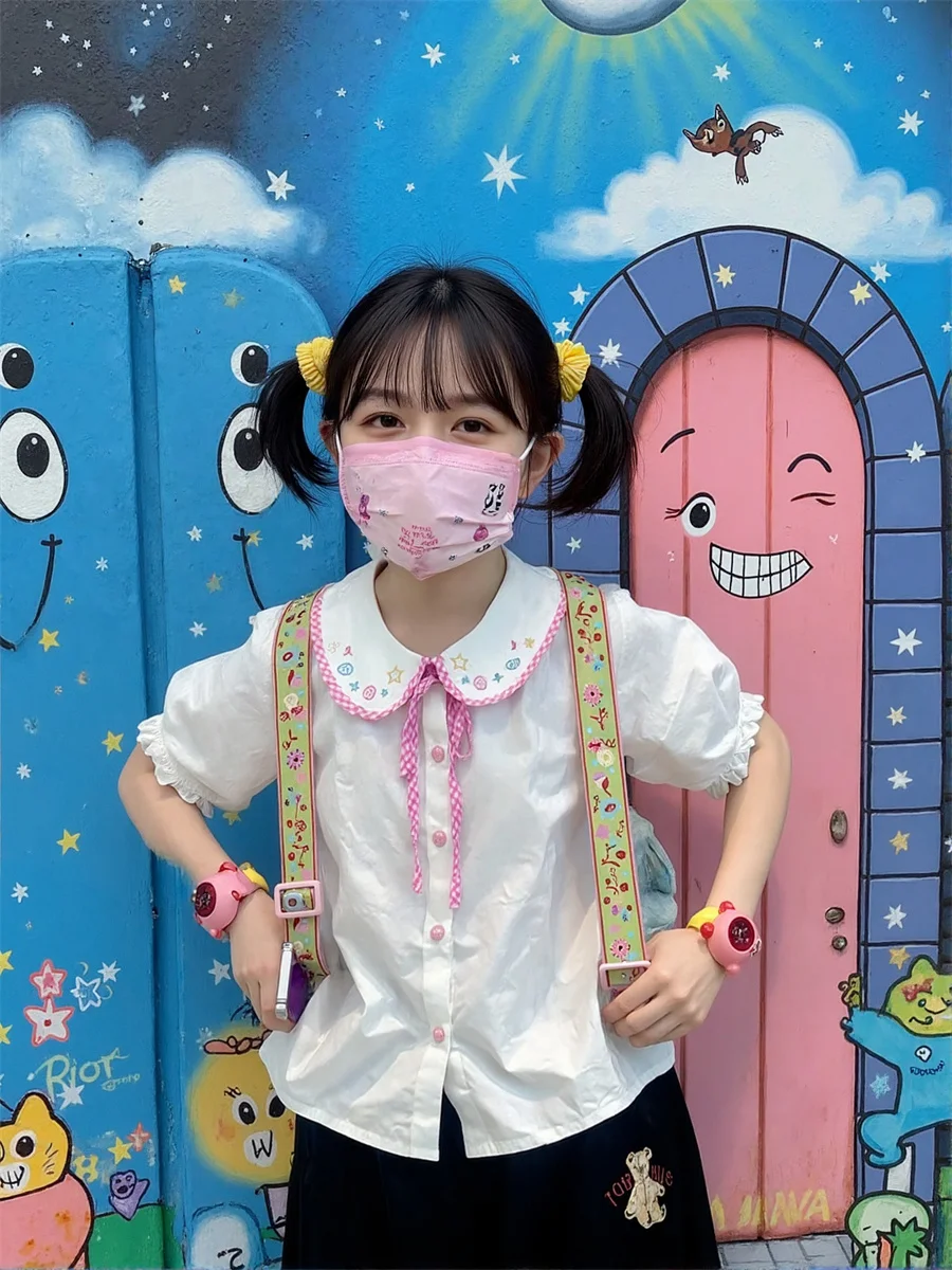 ملابس خارجية نسائية قمصان بيضاء قمصان قصيرة مضيئة نصف كم فانوس طباعة غير رسمية جماليات أزرار أمامية ملابس خروج بقصة ضيقة #6